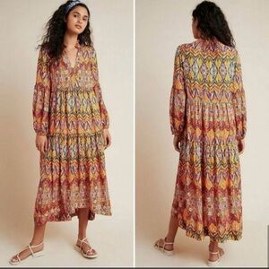 Anthropologie Maeve Tamarind Tiered Maxi Dress Orange/Multicolor Ikat Size XS